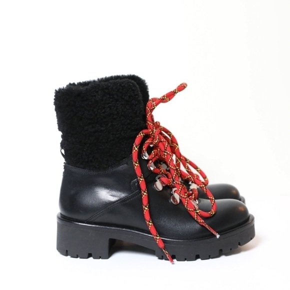 New Aquatalia Jamie leather shearling ankle boots block heel red laces shoes 5.5 - Picture 3 of 9